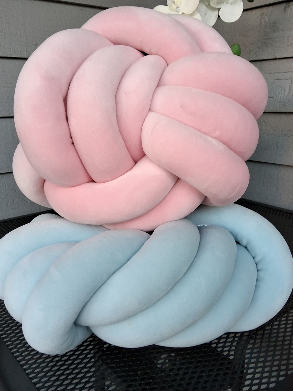Plush Knot Throw Pillows - Pink and Light Blue